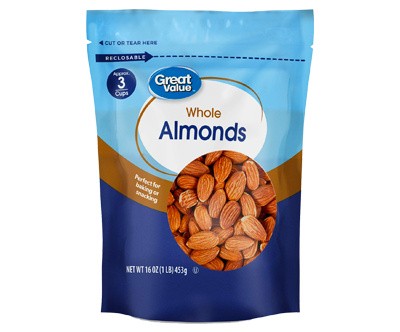 Whole Almonds Great Value For Health, 16 oz, Re-Closable Pouch